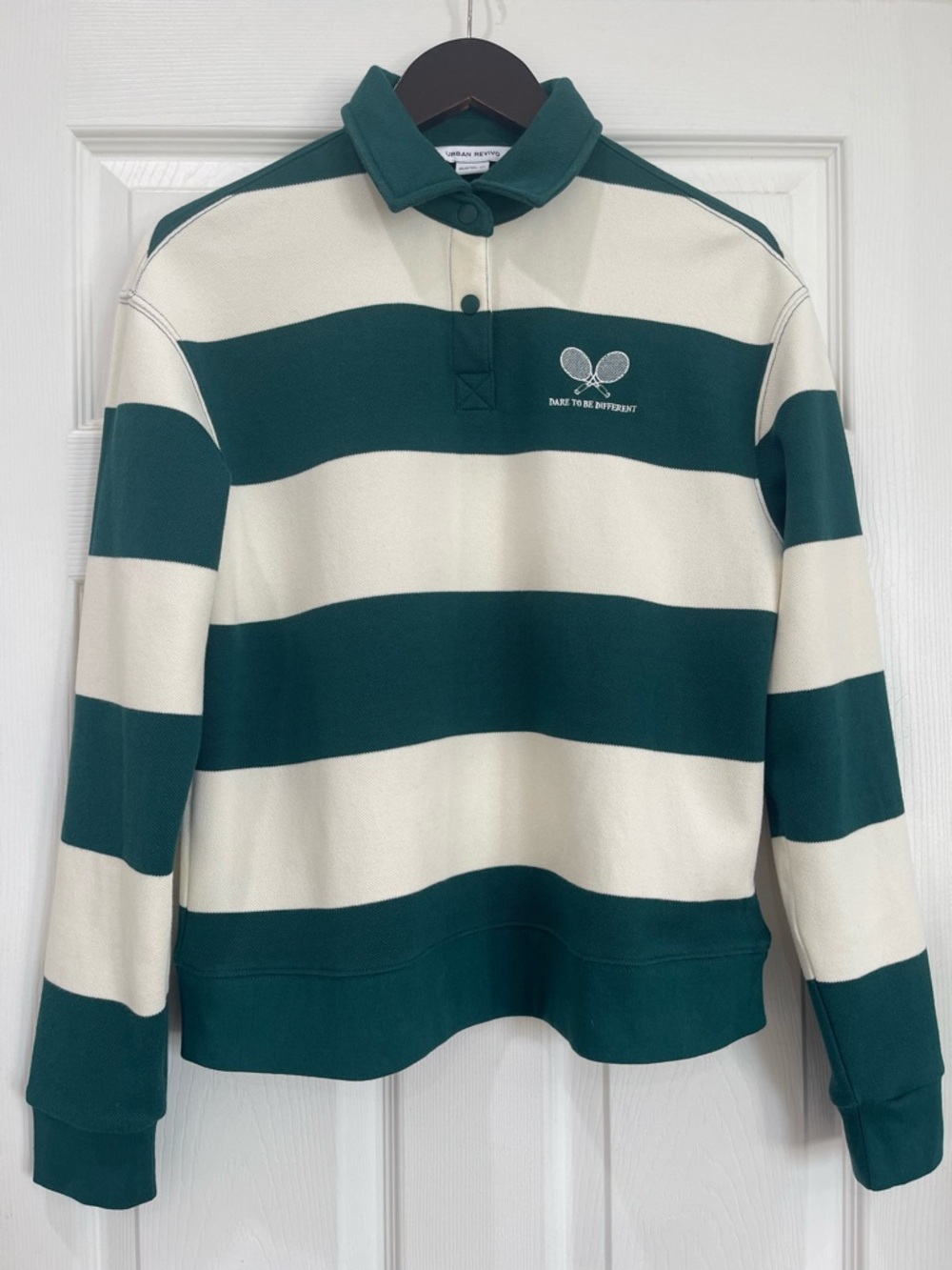 Women's Green and Cream Striped Rugby Polo Sweatshirt Size XS - Picture 3 of 6